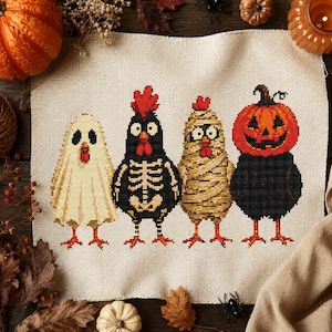 Funny Halloween Chickens Cross Stitch Pattern | Spooky  Chicken | Farmhouse Decor | Mummy Ghost Pumpkin Skeleton