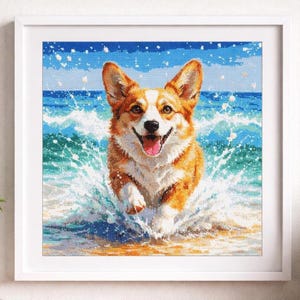 Könnte beinhalten: Gerahmtes, pixeliges Bild eines Corgi-Hundes, der durch das Ozeanwasser rennt. Der Hund ist orange und weiß mit einem fröhlichen Gesichtsausdruck. Das Wasser ist blau und weiß, mit Spritzern um den Hund herum. Der Hintergrund ist ein blauer Himmel.