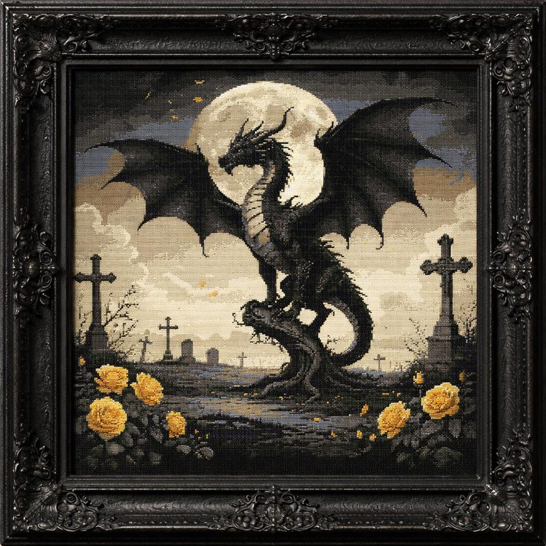 Black Dragon Cross Stitch Pattern PDF | Gothic Moon Dragon Embroidery ...
