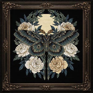 May include: A framed artwork featuring a large moth with intricate wing patterns in shades of teal, brown, and gold. The moth is surrounded by white and yellow peonies and dark green foliage against a black background. The frame is ornate.