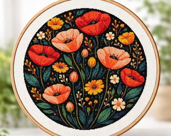 Patrón de punto de cruz de amapolas vibrantes / Círculo floral folclórico moderno / PDF de estilo escandinavo / Descarga instantánea
