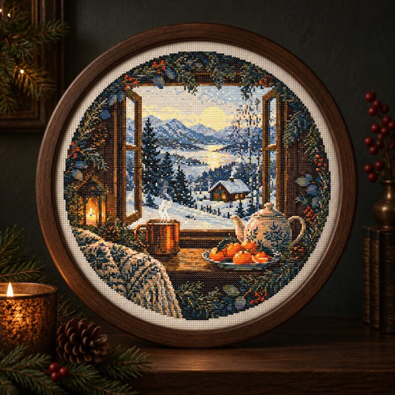 May include: A circular cross-stitch embroidery in a dark wood frame depicting a winter landscape viewed through an open window. The scene features a snowy mountain range, a small cabin, a steaming mug, a teapot, and a plate of oranges on a sill.