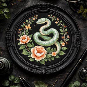 May include: A circular cross-stitch embroidery featuring a coiled green snake surrounded by a wreath of peach-colored flowers, green leaves, and a small butterfly, all set within an ornate black frame on a dark textured surface.