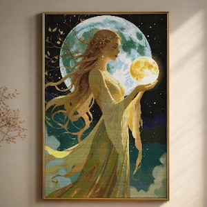 May include: A framed artwork depicts a celestial scene. A woman with flowing blonde hair and a flowing gown holds a glowing orb, with a large moon in the background. The artwork is in shades of gold, green, and blue, with a starry night sky.