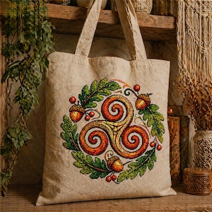 May include: Beige tote bag with a cross-stitched design. The design features a central triple spiral in orange and yellow, surrounded by green leaves, acorns, and red berries. The bag has two handles.
