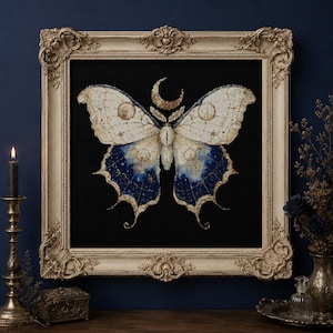 Celestial Luna Moth Cross Stitch Pattern PDF | Blue Gothic Butterfly Embroidery Chart | Moon Needlepoint