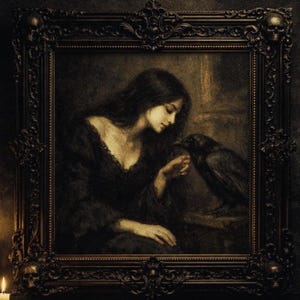 Puede incluir: Retrato gótico enmarcado de una mujer con un vestido oscuro interactuando con un cuervo. El marco marrón oscuro y ornamentado presenta detalles de calaveras y flores. La pintura tiene una paleta de colores apagados con enfoque en sombras y luces.