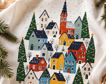 May include: A white fabric piece featuring a cross-stitch pattern of a winter village. The design includes colorful houses in red, yellow, blue, and white, interspersed with green pine trees decorated with small yellow stars and dots.
