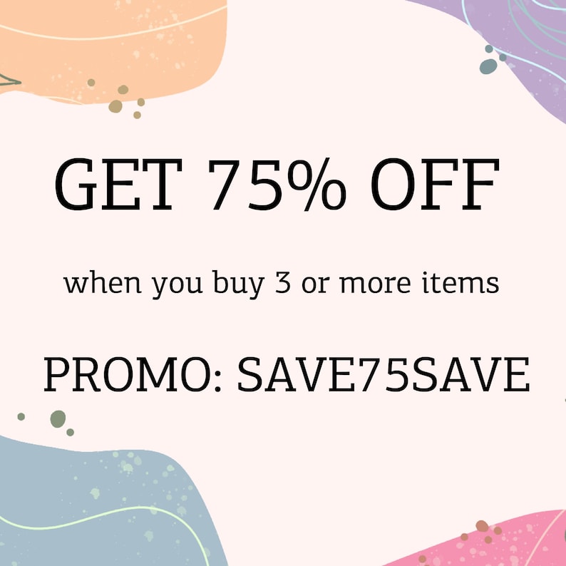 May include: A square graphic with a light pink background featuring abstract shapes in peach, purple, and blue. The text reads: GET 75% OFF when you buy 3 or more items. PROMO: SAVE75SAVE. The design includes small scattered dots in various colors.