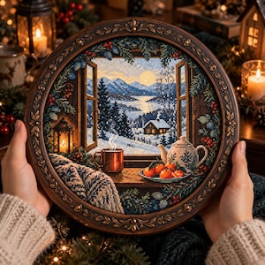 Puede incluir: Un bordado de punto de cruz circular en un marco ornamentado de color marrón oscuro que representa un paisaje invernal visto a través de una ventana abierta. La escena incluye montañas nevadas, una cabaña, una taza humeante y naranjas.