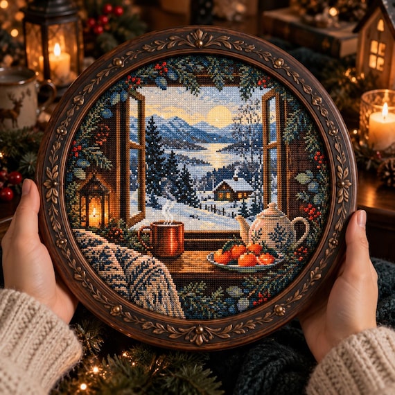 Cozy Winter Cabin Cross Stitch Pattern, Scandinavian Snowy Cottage, Hygge Winter Scene, Expert Level