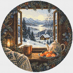May include: A circular cross-stitch embroidery depicting a winter landscape viewed through an open window. The scene features a snow-covered cabin, pine trees, and mountains under a pale sun. A steaming mug, a teapot, and oranges sit on the sill.