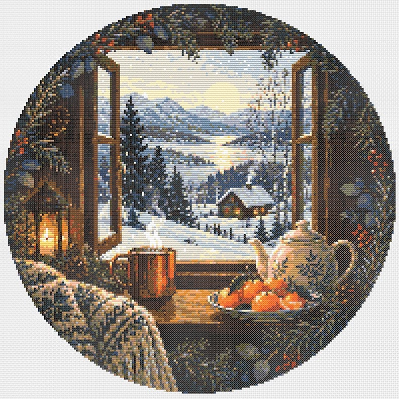 May include: A circular cross-stitch embroidery depicting a winter landscape viewed through an open window. The scene features a snow-covered cabin, pine trees, and mountains under a pale sun. A steaming mug, a teapot, and oranges sit on the sill.