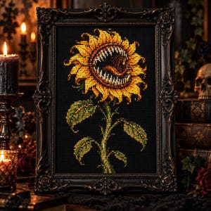 May include: A framed cross-stitch embroidery featuring a yellow sunflower with a wide, toothy mouth and a long tongue, set against a solid black background. The artwork is encased in an ornate, dark brown, vintage-style rectangular frame.