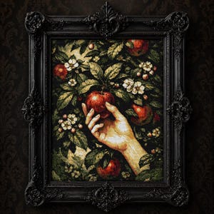 May include: A framed artwork featuring a hand reaching for a red apple amidst a tapestry of green leaves, white flowers, and other red apples. The artwork is in a black ornate frame.