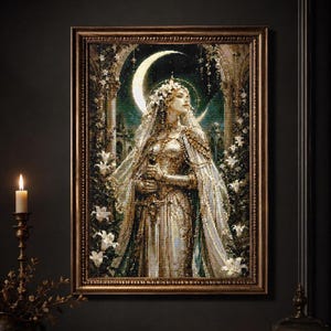 May include: A framed artwork depicts a woman in a golden gown, holding a sword, beneath a crescent moon. The artwork is framed in a gold-toned frame. White lilies and architectural details surround the figure, creating a mystical and elegant scene.