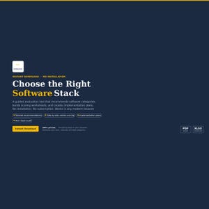 以下が含まれることがあります： 「Choose the Right Software Stack」のテキストが白と黄色で表示された濃い青色のグラフィック。画像には「Instant Download」という言葉と、追加情報を含む箇条書きも含まれています。