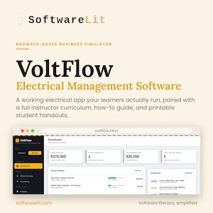 Könnte beinhalten: SoftwareLit VoltFlow Elektro-Management-Software, ein browserbasierter Business-Simulator. Die Benutzeroberfläche zeigt ein Dashboard mit Pipeline, aktiven Projekten, offenen Forderungen und Lagerbeständen sowie eine Liste anstehender Aufgaben.
