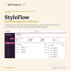 Peut inclure: Logiciel de gestion de salon StyleFlow de SoftwareLit, un simulateur d'entreprise basé sur navigateur. L'interface présente un tableau de bord avec des indicateurs de rendez-vous, de revenus et de stock, ainsi qu'une liste de réservations.
