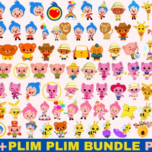 May include: A collection of cartoon illustrations featuring various characters, including clowns, animals, and vehicles. The characters are in bright colors and are arranged in a grid-like pattern. Text at the bottom reads "80+ PLIM PLIM BUNDLE PNG".
