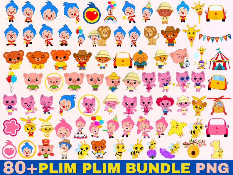 May include: A collection of cartoon illustrations featuring various characters, including clowns, animals, and vehicles. The characters are in bright colors and are arranged in a grid-like pattern. Text at the bottom reads "80+ PLIM PLIM BUNDLE PNG".