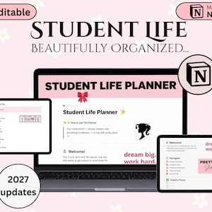 May include: A digital student life planner template for Notion displayed on a laptop and two tablets. The interface features pink accents, a bow icon, a graduation cap silhouette, and text including Student Life Planner, 2027 updates, and dream big. work hard.