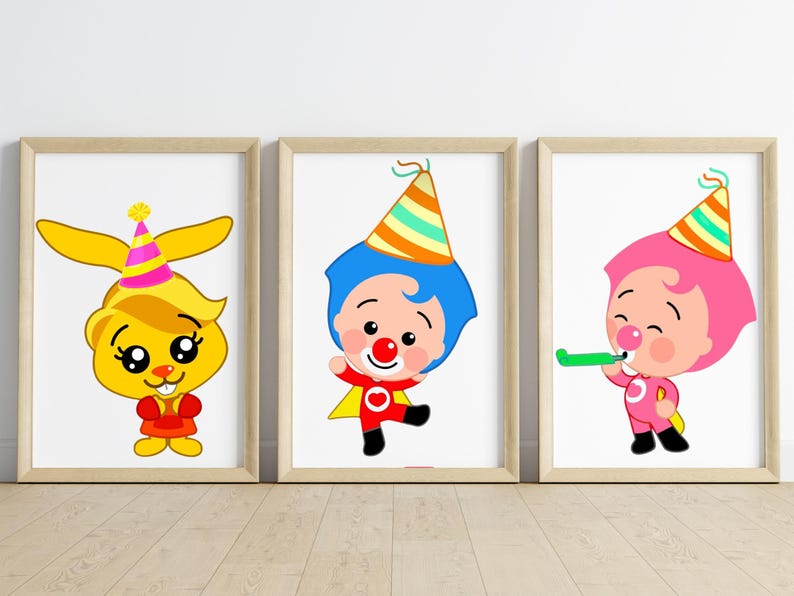 May include: Three framed prints featuring cartoon characters. The first print shows a yellow bunny wearing a party hat. The second print shows a cartoon clown with a red nose and a party hat. The third print shows a cartoon character blowing a party horn.