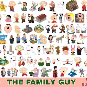 Könnte beinhalten: Eine Sammlung von 90 PNG-Bildern mit Charakteren aus der Zeichentrickserie Family Guy. Die Bilder zeigen verschiedene Charaktere in unterschiedlichen Posen und Umgebungen, mit dem Titel der Show unten.