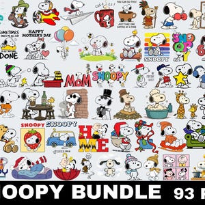 Puede incluir: Una colección de gráficos del personaje Snoopy en varias poses y entornos. Snoopy se representa con Charlie Brown, Woodstock y otros personajes. Las imágenes incluyen texto como "Happy Mother's Day", "Love" y "Snoopy Bundle 93 PNG".