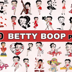 Può includere: Una collezione di 30 immagini PNG di Betty Boop in varie pose e abiti. Le immagini presentano Betty Boop in abiti rossi, neri e bianchi, con cuori e la scritta "Betty Boop" in corsivo. È presente anche il testo "Just be your #selfie".