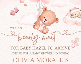 Editable Brown Bear Balloon Baby Shower Invitation, We Can Bearly Wait Baby Shower Invite