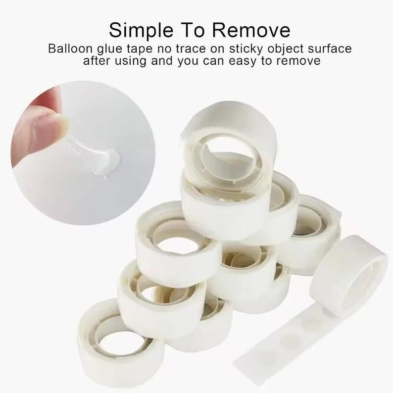 Puede incluir: Rollos de cinta adhesiva blanca para globos y una tira con puntos adhesivos. La imagen incluye el texto "Simple To Remove" y "Balloon glue tape no trace on sticky object surface after using and you can easy to remove."