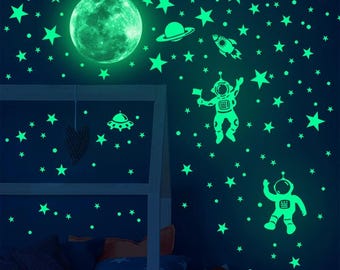 Glow in the Dark Astronaut Wandaufkleber - Leuchtende Mond- und Sternaufkleber für Kinderzimmer, Kinderzimmer-Dekoration