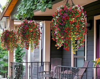 2 piezas de flores artificiales colgantes para decoración de exteriores, primavera y verano, flores artificiales colgantes para jardín, porche, ventana, hogar, flores falsas.