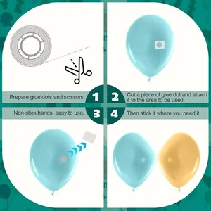 Puede incluir: Gu&iacute;a paso a paso para usar puntos de pegamento con globos. La imagen muestra un rollo de puntos de pegamento, tijeras y globos azules y amarillos. Las instrucciones de texto incluyen la preparaci&oacute;n de materiales, la fijaci&oacute;n de puntos de pegamento y la colocaci&oacute;n de globos.