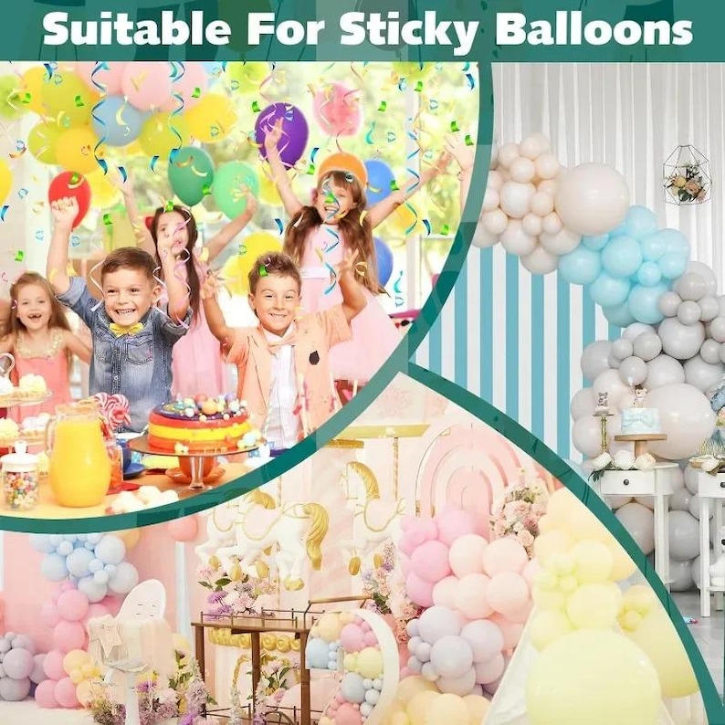 Puede incluir: Una escena de fiesta colorida con ni&ntilde;os, globos y un pastel. La imagen presenta una variedad de globos de diferentes colores, incluyendo amarillo, verde y morado. El texto "Suitable For Sticky Balloons" est&aacute; en la parte superior de la imagen.