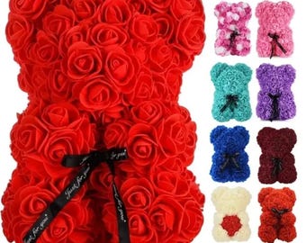 Osito de peluche con rosa eterna: regalo de flores artificiales para mamá, Día de la Madre, cumpleaños, San Valentín y aniversario. Decoración artificial para habitación.