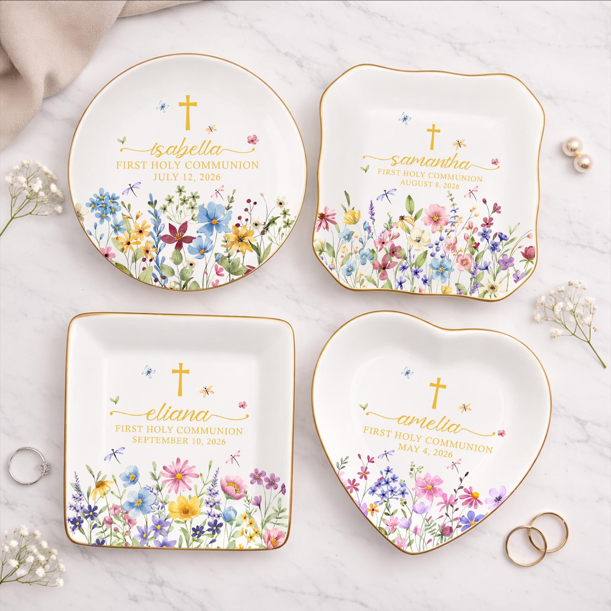 Personalized First Holy Communion Jewelry Dish, Floral Cross Ring Dish ...