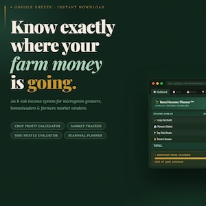 Könnte beinhalten: Dunkelgrüne Grafik mit dem Text „Wissen Sie genau, wohin Ihr Geld aus der Landwirtschaft fließt“. Es enthält auch eine Tabellenkalkulations-Oberfläche mit Finanzdaten und Schaltflächen für „Ernteertragsrechner“ und „Marktverfolgung“.