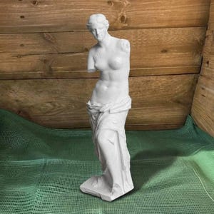 May include: A white plaster statue of Venus de Milo, a classical sculpture. The statue is missing both arms and is draped in fabric. The sculpture stands on a green cloth against a wooden background.
