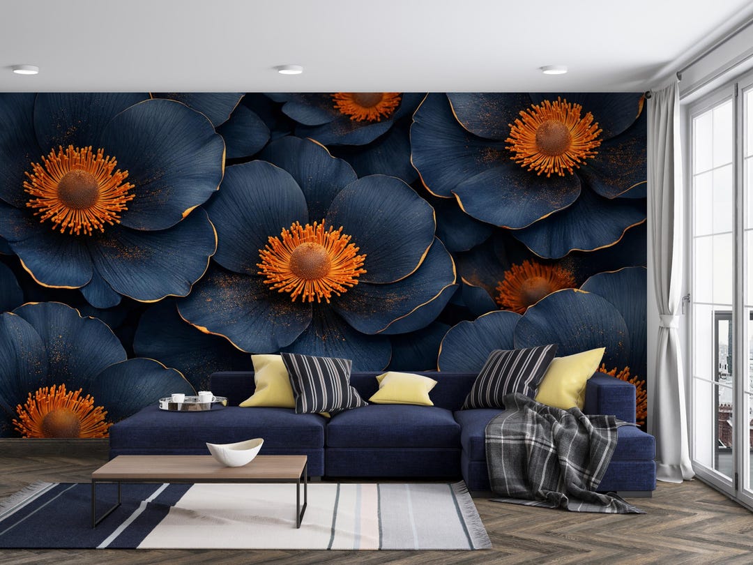 Navy Floral Wallpaper Mural, Peel and Stick Botanical Wall Decor ...