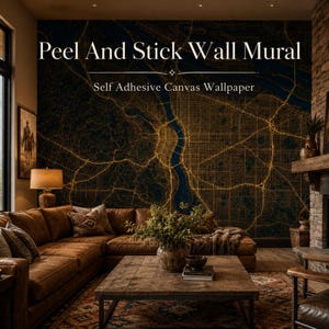 May include: A peel and stick wall mural featuring a dark map with glowing gold lines representing city streets and a river. The text "Peel And Stick Wall Mural" and "Self Adhesive Canvas Wallpaper" is printed in white at the top of the mural.