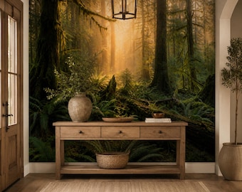 Golden Moss Forest Wall Mural, Peel and Stick Sunbeam Woodland Wallpaper