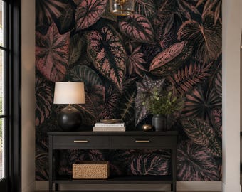 Moody Botanical Wallpaper | Dusty Rose Tropical Leaves | Peel and Stick Jungle Mural | Dark Tropical Bedroom Wall Decor