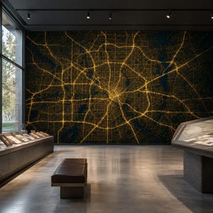 Peut inclure: Une grande fresque murale représentant une carte routière urbaine dorée et lumineuse sur fond sombre, exposée dans une galerie avec un sol en béton poli, un banc en cuir foncé et des vitrines inclinées contenant divers documents.