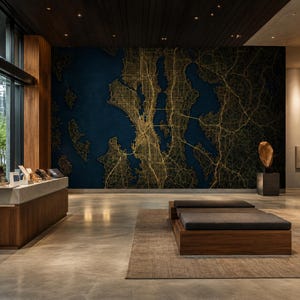 May include: A large wall mural featuring a detailed gold map of a coastal city against a deep blue background. The interior space includes a wooden reception desk, a low wooden bench with dark grey cushions, and a sculptural art piece.