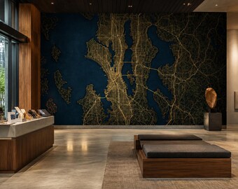 Seattle Gold Map Wallpaper, Dark Waterway Grid Peel and Stick Wall Mural for Home Decor Wallpaper