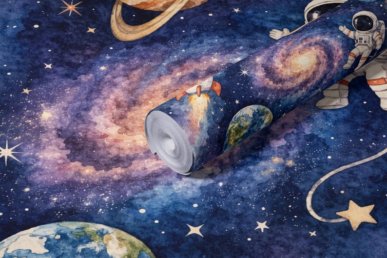 Watercolor Space Wallpaper Mural, Peel and Stick Astronaut Rocket Wall ...