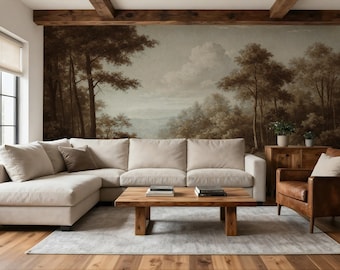 Vintage Landscape Wall Mural Sepia Forest Path Wallpaper Classic European Countryside Scenic Peel And Stick Wall Decor