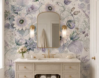 Watercolor Passion Flower Vine Wallpaper, Lavender Botanical Peel and Stick Wall Mural
